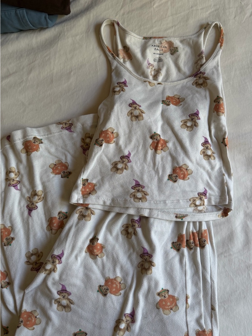American Eagle Outfitters White Teddy Bear Print Tank & Pajama Set